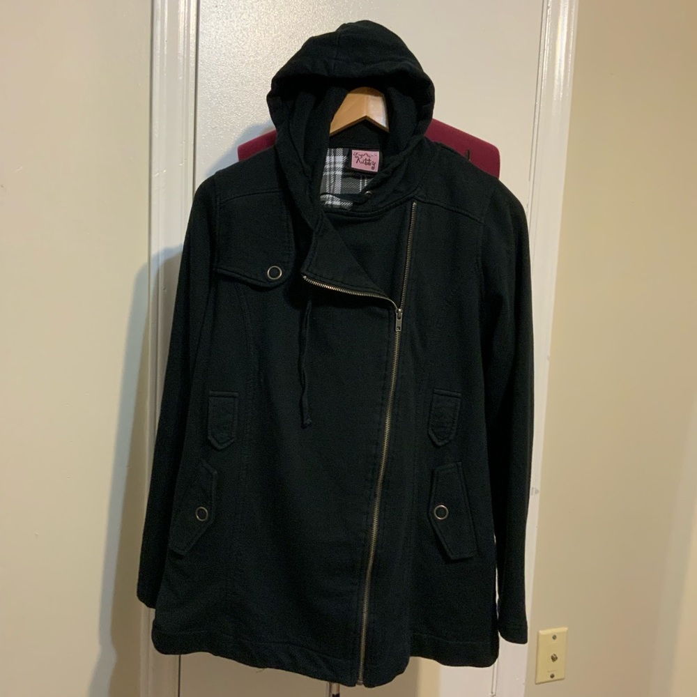 EUC L.A Kitty Black Zip-Up hooded Jacket cotton blend L Women